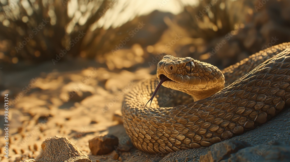 Obraz premium A close-up of a rattlesnake coiled on the desert floor, its tongue flicking out as it senses its surroundings