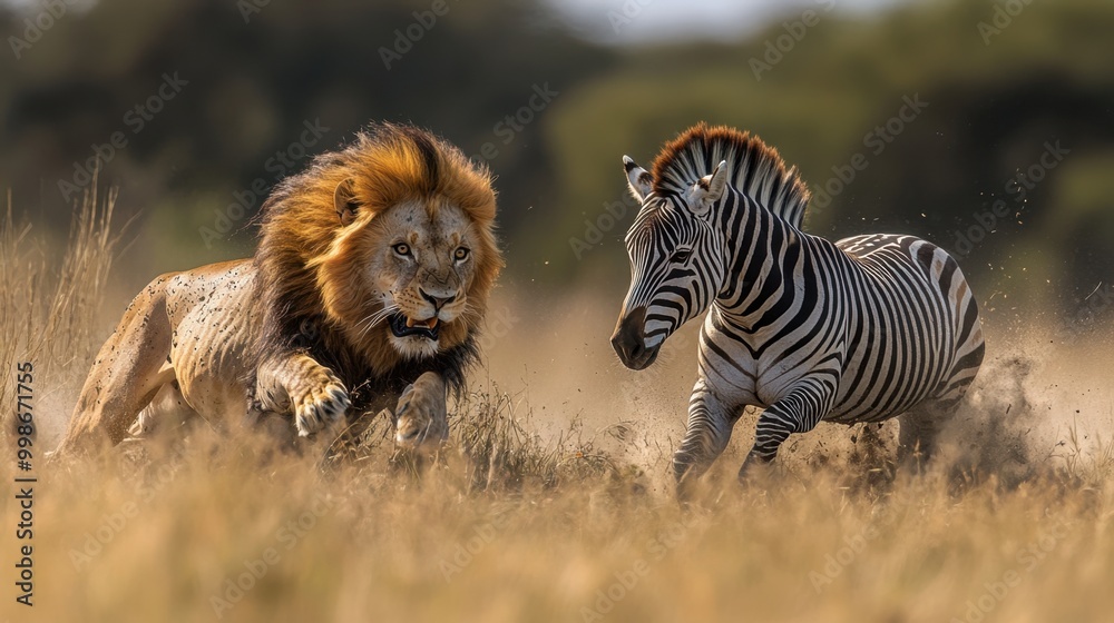 Naklejka premium A dramatic encounter between a lion and a zebra, The lion is about to pounce on its prey.