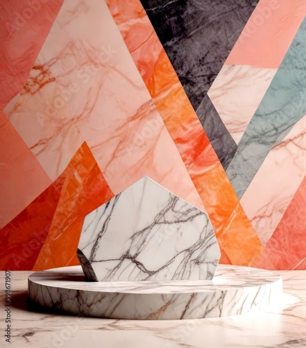 A white marble pedestal with a hexagonal shape sits in front vibrant geometric pattern of intersecting lines and curves in various shades of pink, orange, and gray photo