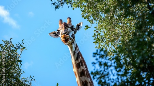 A giraffe reaching up to eat leaves from the top of a tall tree, its long neck fully extended photo