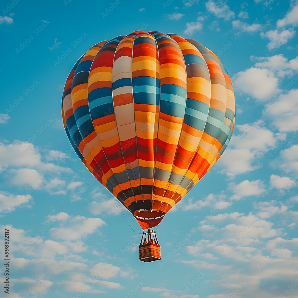 Naklejka premium Vibrant Colorful Hot Air Balloon Soaring Into the Serene Sky with Picturesque Clouds