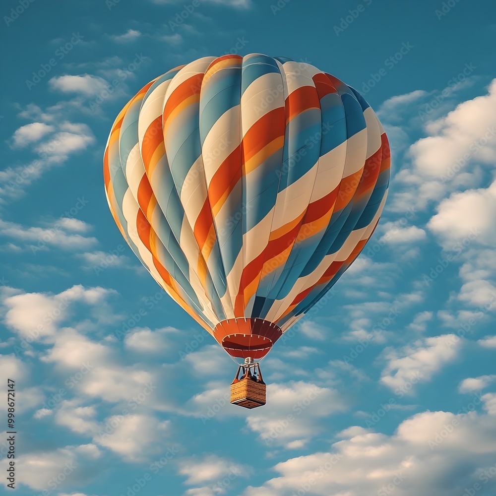 Naklejka premium Vibrant Hot Air Balloon Soaring Gracefully into the Serene Sky Landscape