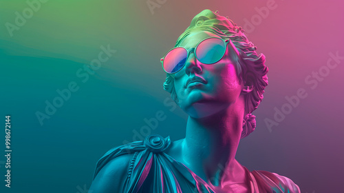 Athena statue with sunglasses, vibrant neon colors