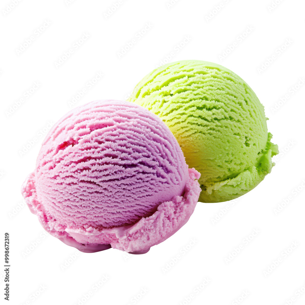 Two Scoops of Colorful Ice Cream - Pink and Green Ice Cream Balls Isolated on Transparent Background Two Scoops of Colorful Ice Cream - Pink and Green Ice Cream Balls Isolated on Transparent Background