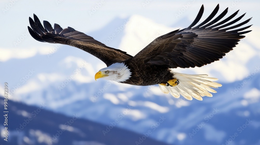 Fototapeta premium A majestic eagle soaring high in the sky with wings fully extended, mountains visible far below