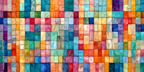 a vibrant mosaic composed of multicolored rectangular tiles arranged in a grid-like pattern The tiles display a range of colors, including shades of blue,