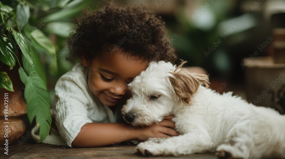This touching image shows a child lovingly cuddling a white dog in a lush green environment. It conveys warmth, affection, and the bond between humans and their pets. This touching image shows a child lovingly cuddling a white dog in a lush green environment. It conveys warmth, affection, and the bond between humans and their pets.