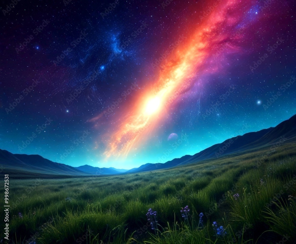 A breathtaking night sky unfolds over a serene landscape, featuring a vibrant nebula stretching across the frame, with a full moon and a distant planet visible in the background A breathtaking night sky unfolds over a serene landscape, featuring a vibrant nebula stretching across the frame, with a full moon and a distant planet visible in the background