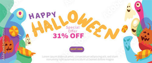 Freaky Faces and Fangs Halloween concept. abstract geometric liquid form. monster halloween with hand drawn banner template vector illustration.