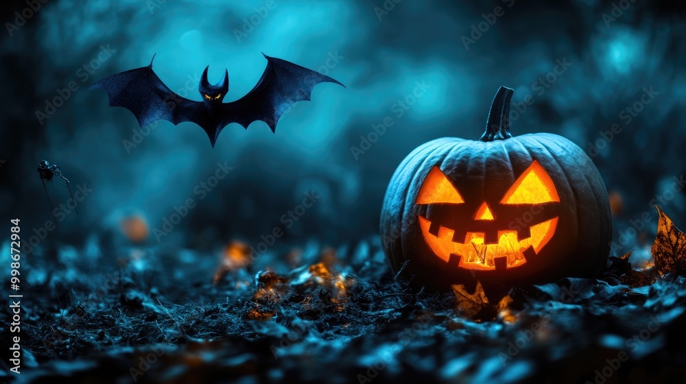 Fototapeta premium Halloween themed image with a glowing pumpkin and bat in dark setting