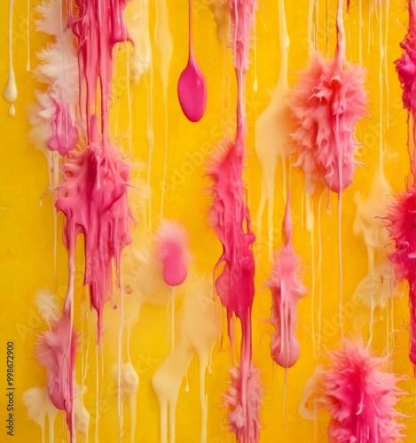 a vibrant abstract painting with a yellow background and a variety of pink and white paint splatters and drips, creating a dynamic and textured composition