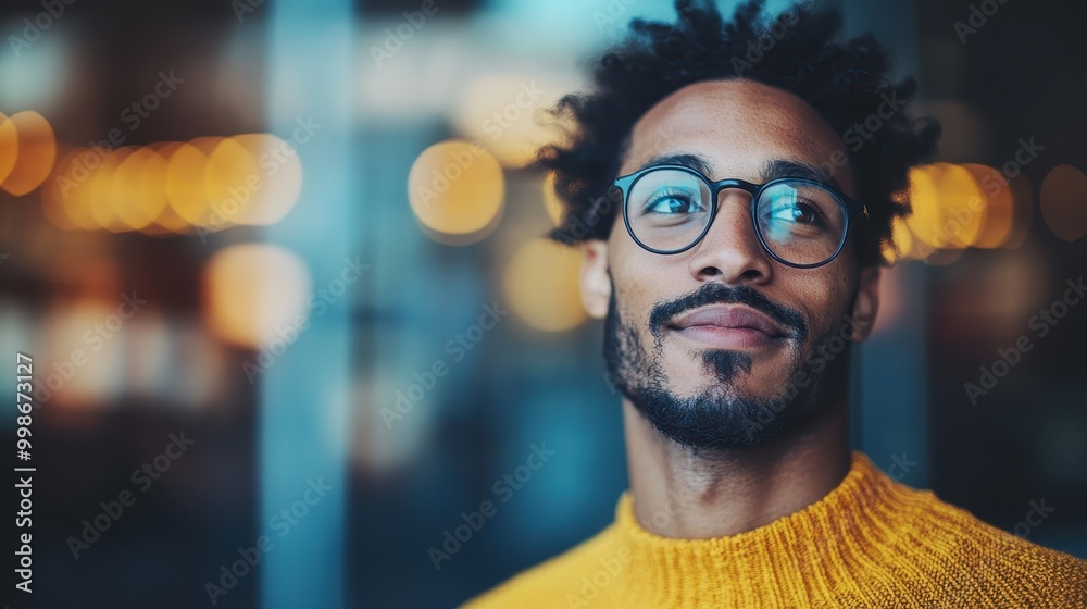 A person wearing a bright yellow sweater stands in an urban setting, with soft bokeh lights in the background, capturing a vibrant and modern city ambiance. A person wearing a bright yellow sweater stands in an urban setting, with soft bokeh lights in the background, capturing a vibrant and modern city ambiance.