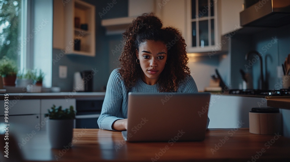 Naklejka premium Young Woman Working at Kitchen Table with Laptop