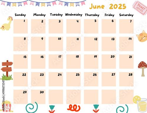 Calendar of June  2025 for Kid and childern so cute Orange Color photo