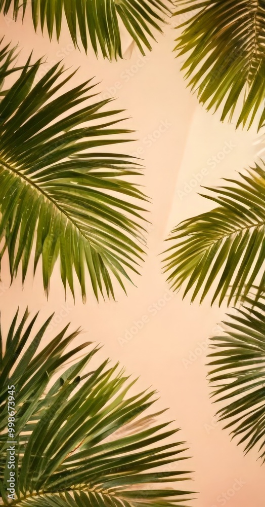 a close-up view of palm leaves against a light pink background a close-up view of palm leaves against a light pink background
