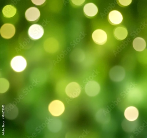 a blurred green background with white and yellow circular lights scattered throughout, creating a bokeh effect