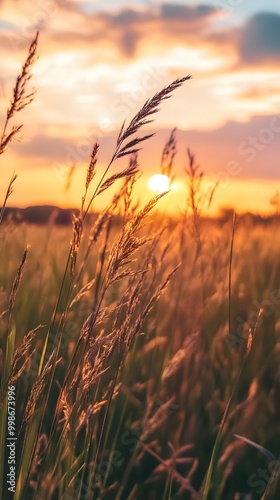 Close-up of tall grasses in the foreground, with a sunset behind them. In an open field, with trees and hills in the distance. The sun is setting. 
