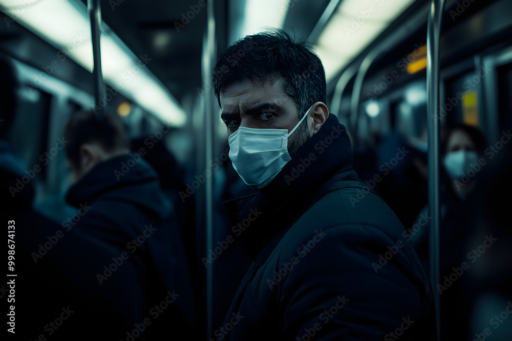 A commuter wearing a surgical mask on public transport metro, surrounded by other masked passengers, symbolizing safety in crowded, public spaces A commuter wearing a surgical mask on public transport metro, surrounded by other masked passengers, symbolizing safety in crowded, public spaces