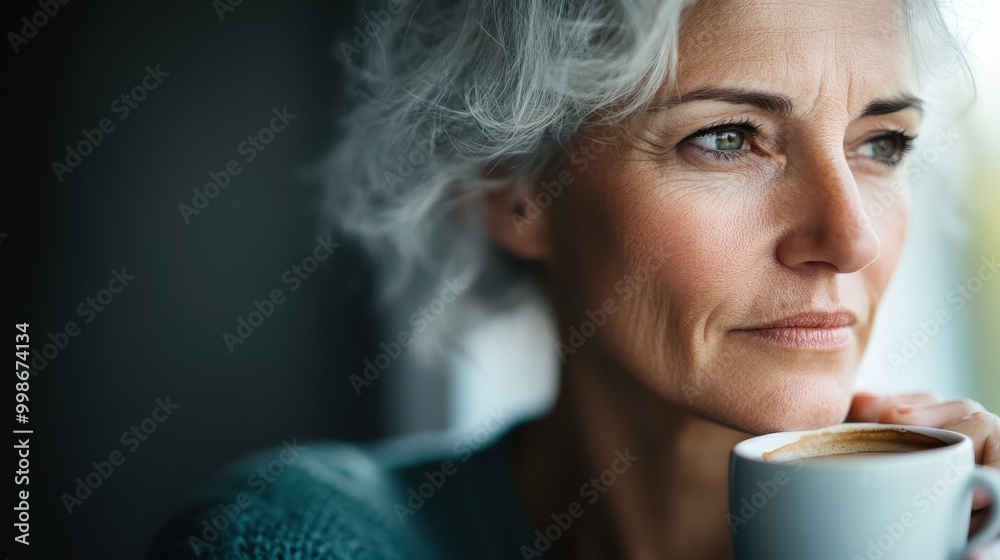 A contemplative elder woman gazes outside while holding a coffee cup, encapsulating tranquility and introspection, complemented by her age and wisdom. A contemplative elder woman gazes outside while holding a coffee cup, encapsulating tranquility and introspection, complemented by her age and wisdom.