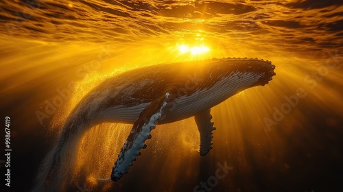 Humpback whales breaching the ocean surface at sunset, Reunion Island in the background