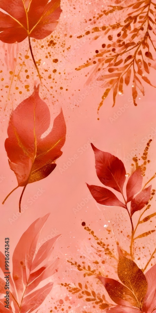 Obraz premium a pink background with gold leaf and plant designs scattered throughout, creating a visually appealing and nature-inspired aesthetic