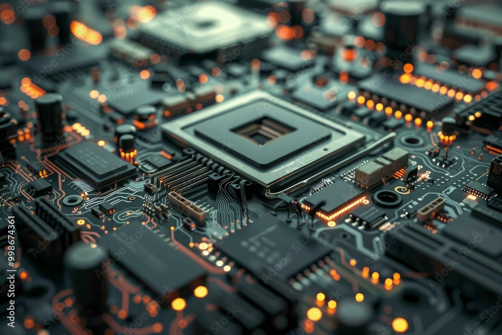 Close up view of a motherboard, showcasing its intricate circuitry and highlighting the power of modern computing Close up view of a motherboard, showcasing its intricate circuitry and highlighting the power of modern computing