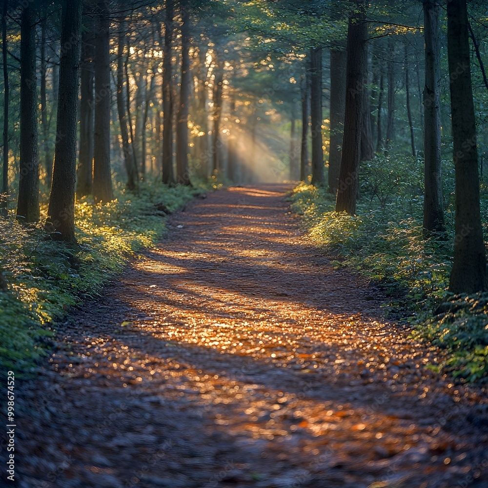 Fototapeta premium Tranquil Tree Lined Path in Peaceful Forest Landscape with Sunlight Filtering Through Branches
