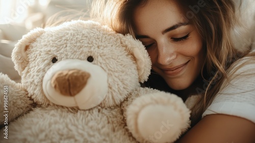 A young woman with closed eyes and a soft smile cuddles a teddy bear, showcasing a peaceful and intimate moment filled with love and tranquillity. photo