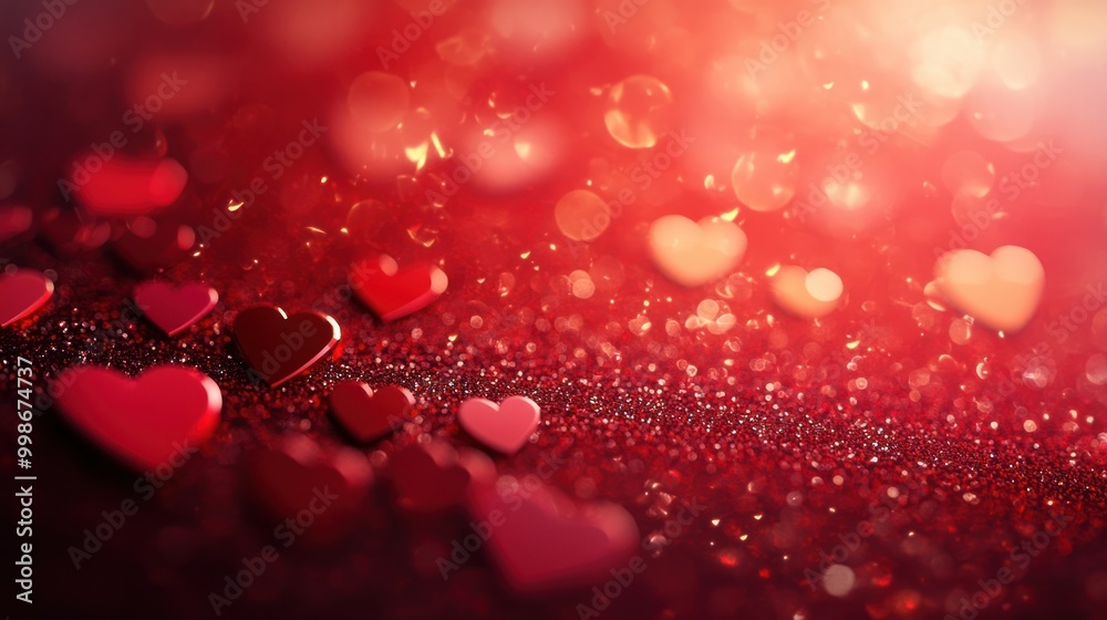 Closeup of red glitter with blurred hearts and bokeh lights, perfect for a romantic background. Closeup of red glitter with blurred hearts and bokeh lights, perfect for a romantic background.