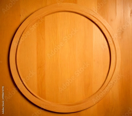 A wooden ring with a central hole is mounted on a wooden surface