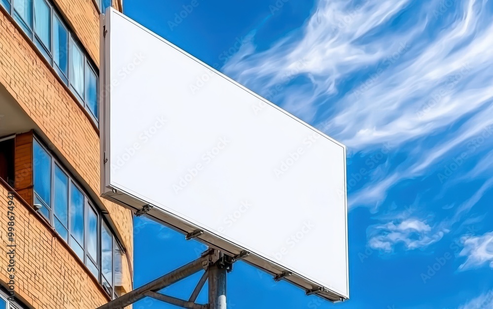 Blank billboard on a building against a blue sky with clouds, ready for advertisement. Blank billboard on a building against a blue sky with clouds, ready for advertisement.