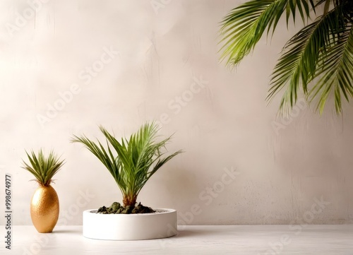 Two potted plants, one with a round white planter and the other in a tall, narrow vase, are placed against a light-colored wall with palm fronds photo