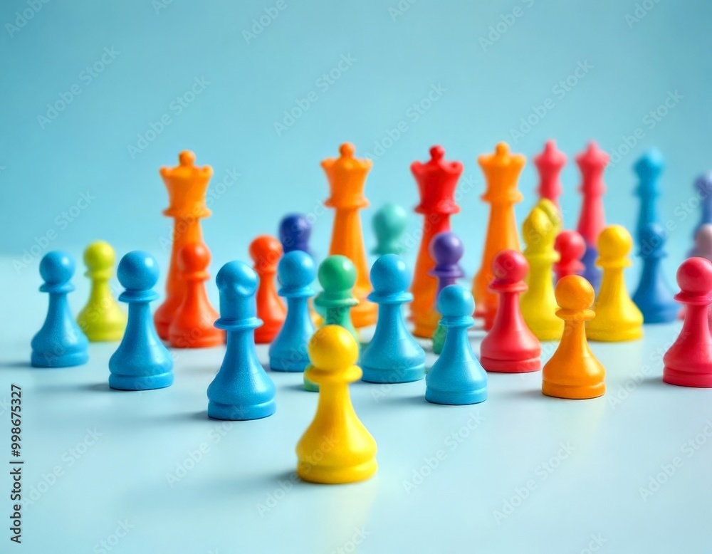A collection of colorful chess pieces, including a king, queen, pawns, and other pieces, arranged on a light blue background A collection of colorful chess pieces, including a king, queen, pawns, and other pieces, arranged on a light blue background