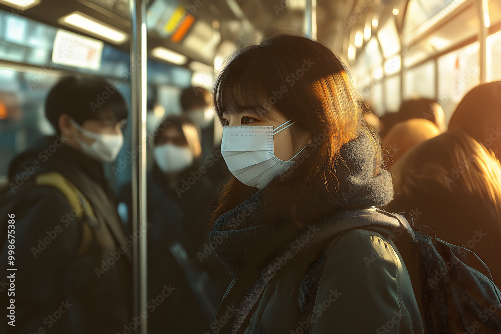 A commuter wearing a surgical mask on public transport metro, surrounded by other masked passengers, symbolizing safety in crowded, public spaces A commuter wearing a surgical mask on public transport metro, surrounded by other masked passengers, symbolizing safety in crowded, public spaces