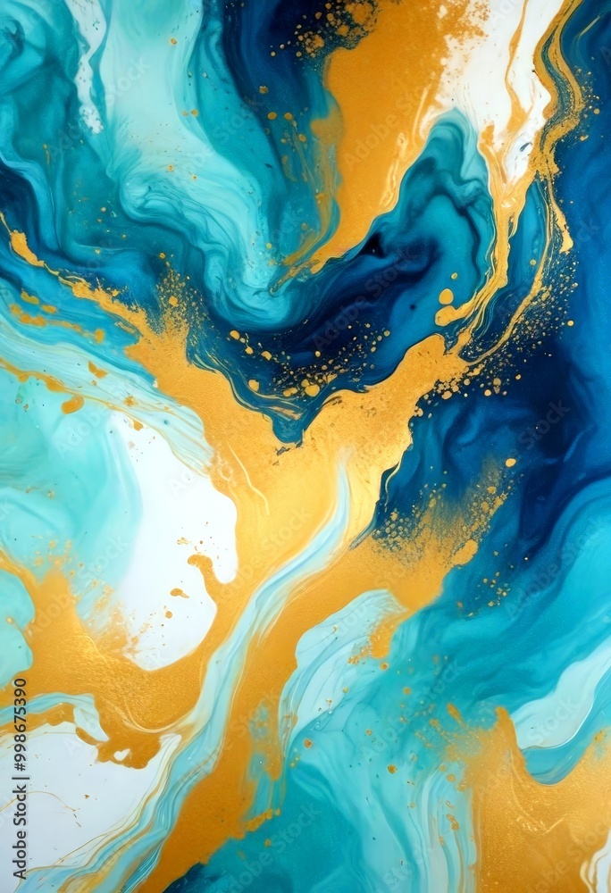 Fototapeta premium an abstract painting featuring swirling patterns of blue, white, and gold colors, creating a dynamic and captivating visual effect
