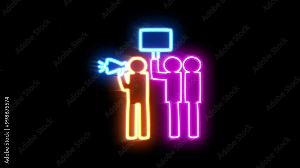 The blinking neon light of people with Megaphone icon in the black background. The blinking neon light of people with Megaphone icon in the black background.