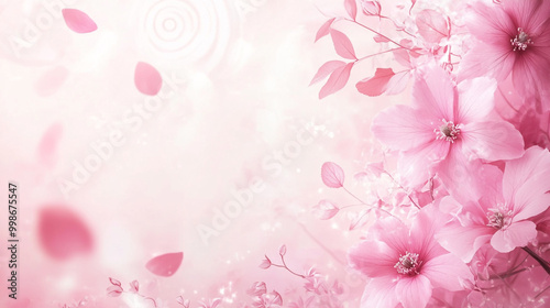 Pink floral background with swirls and pink flowers on a white background. 