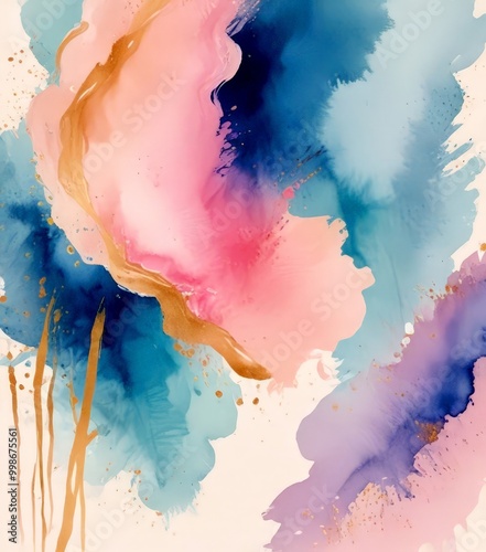 an abstract painting featuring a vibrant mix of pink, blue, and purple hues, with gold accents and splashes of color throughout