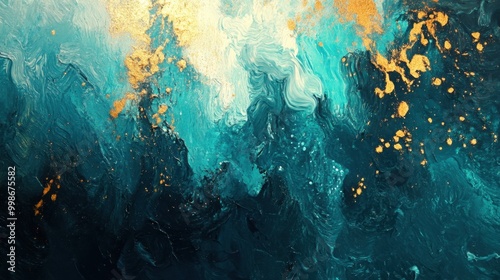 Abstract wall art with colorful textures and underwater-inspired teal and gold sunbeams, reminiscent of a starry night