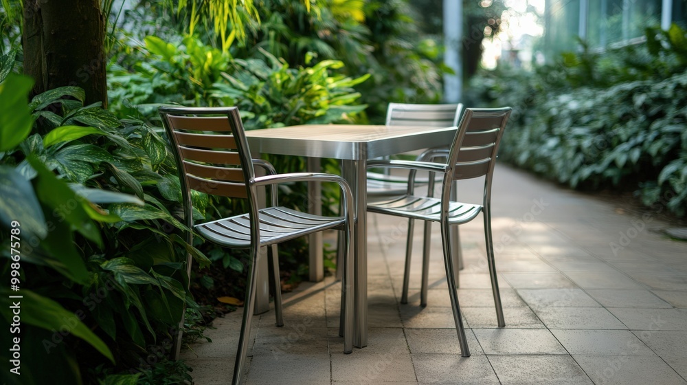 Modern aluminium furniture in lush garden setting for outdoor dining spaces Modern aluminium furniture in lush garden setting for outdoor dining spaces
