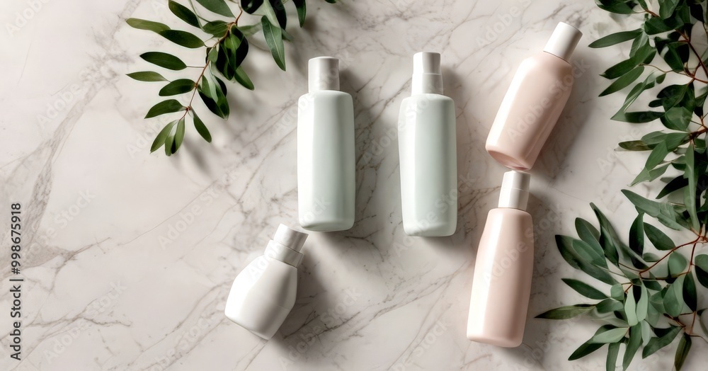Four white cosmetic bottles with caps are arranged on a marble surface, accompanied by green leaves Four white cosmetic bottles with caps are arranged on a marble surface, accompanied by green leaves
