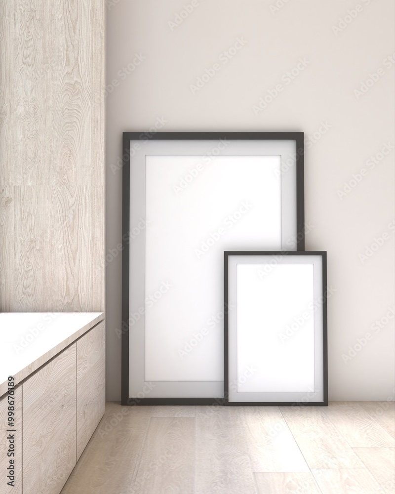 Two empty picture frames leaning against a wall in a minimalistic room, showcasing a modern and airy interior design. 3D rendering