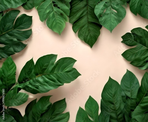 A collection of large, dark green leaves arranged in a circular pattern against a light beige background
