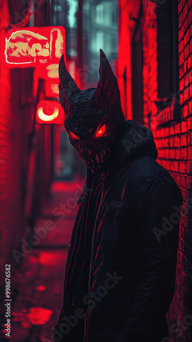 Eerie figure wearing detailed demon mask stands in dimly lit alley, illuminated by red neon lights. atmosphere is haunting and mysterious, evoking sense of intrigue and fear