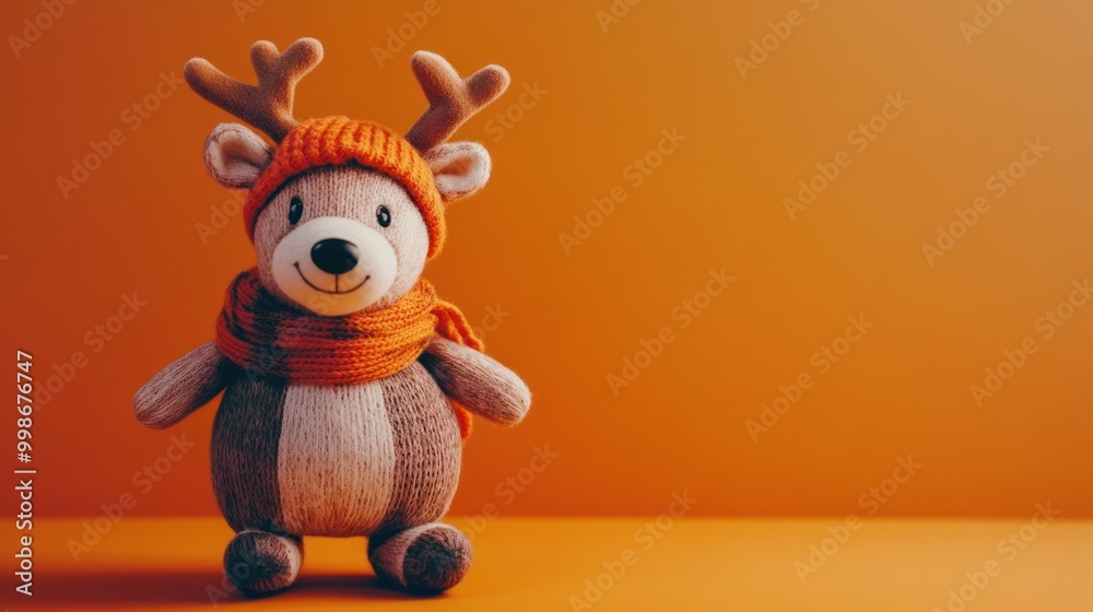 Plush reindeer toy wearing a knitted hat and scarf, isolated against an orange background. Plush reindeer toy wearing a knitted hat and scarf, isolated against an orange background.