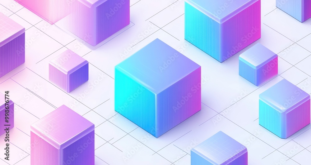 Abstract geometric background with colorful cubes on white grid. Abstract geometric background with colorful cubes on white grid.