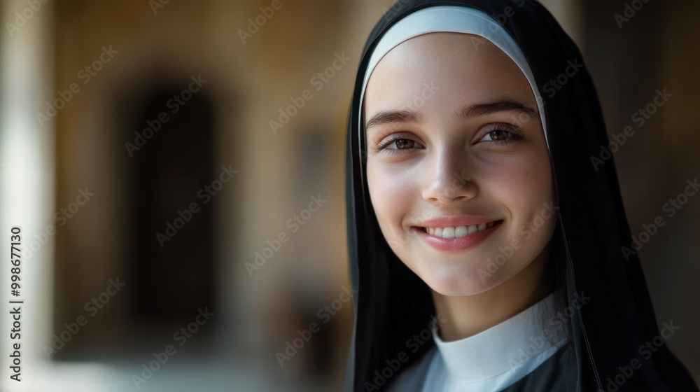 Portrait of a smiling young nun wearing a black habit with a white collar. Portrait of a smiling young nun wearing a black habit with a white collar.