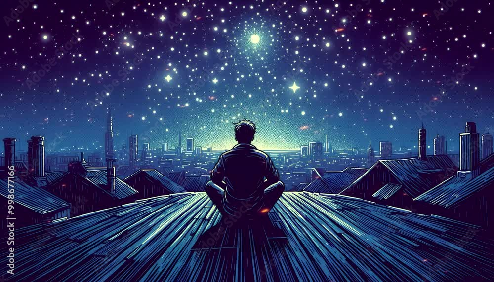 Lofi sad boy anime cartoon sitting on a rooftop. Lofi Loop Motion Background Cover