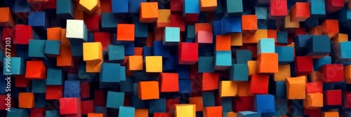 A vibrant array of multicolored cubes, varying in size and orientation, creates a dynamic and visually striking pattern