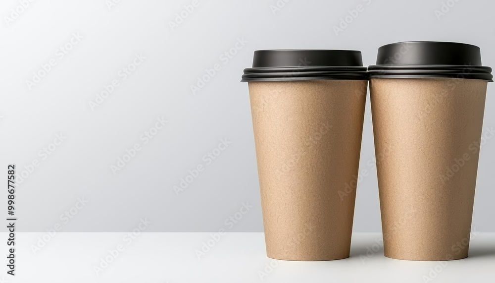 Two brown paper coffee cups with black lids on a minimalistic white background. Two brown paper coffee cups with black lids on a minimalistic white background.